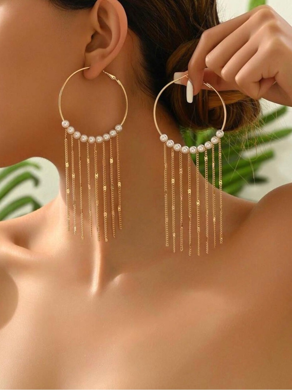 Gold Hoop Earrings with White Pearls and Fringe Chains